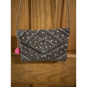Ashiana Women’s Silver Beaded Clutch/Shoulder Bag with Geometric Pattern Design